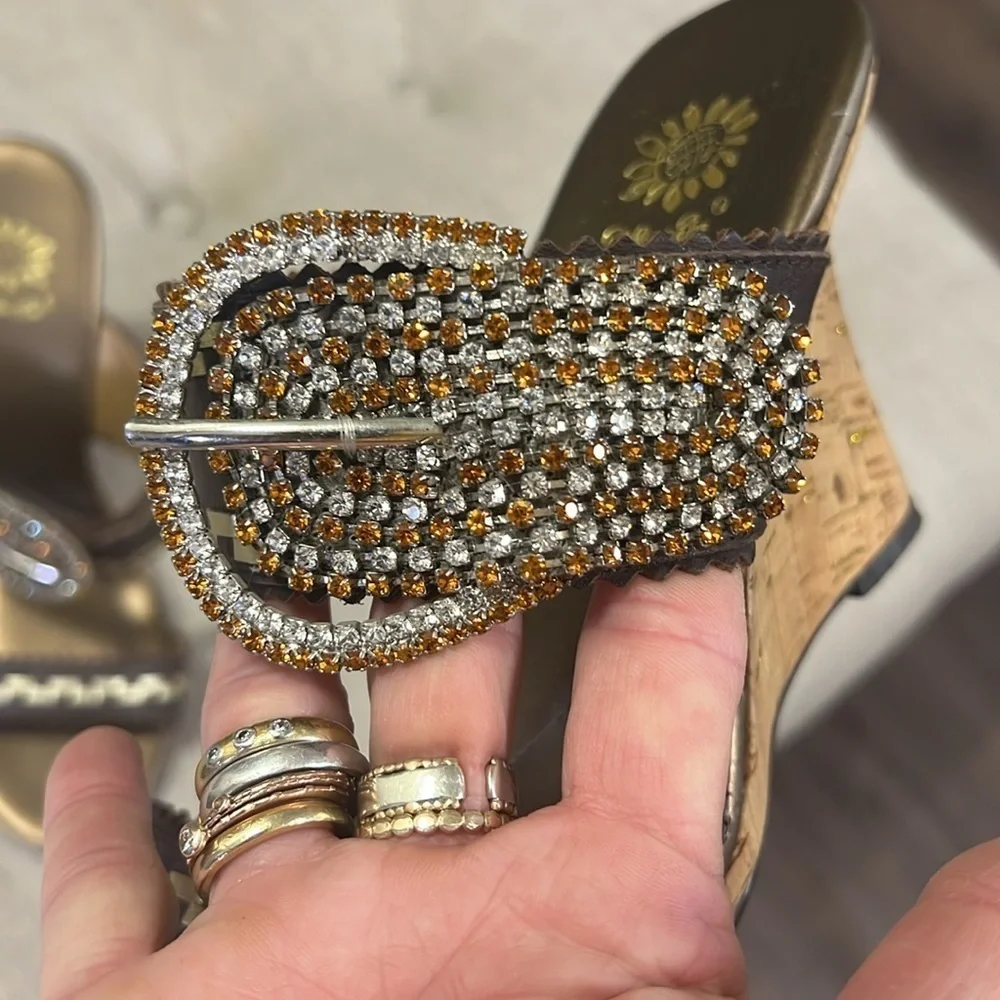 Yellow Box Gable Buckle Rhinestone Embellished Leather Cork Wedge size 9